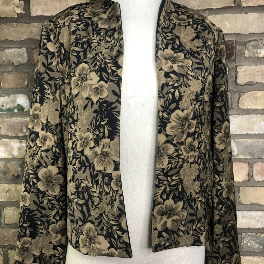 Vtg Boho Floral Blazer Black Brown Tan Women's Collarless Shoulder Pads